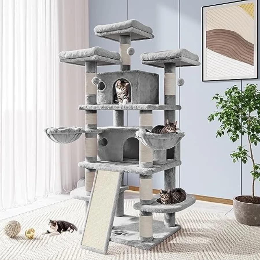 Albero per Gatti da 68 Pollici/Cuccia e Torri per Gatti Grandi/Tiragraffi/Albero da Arrampicata Multilivello Grande per Gatti con Cuccia/Grigio Chiaro