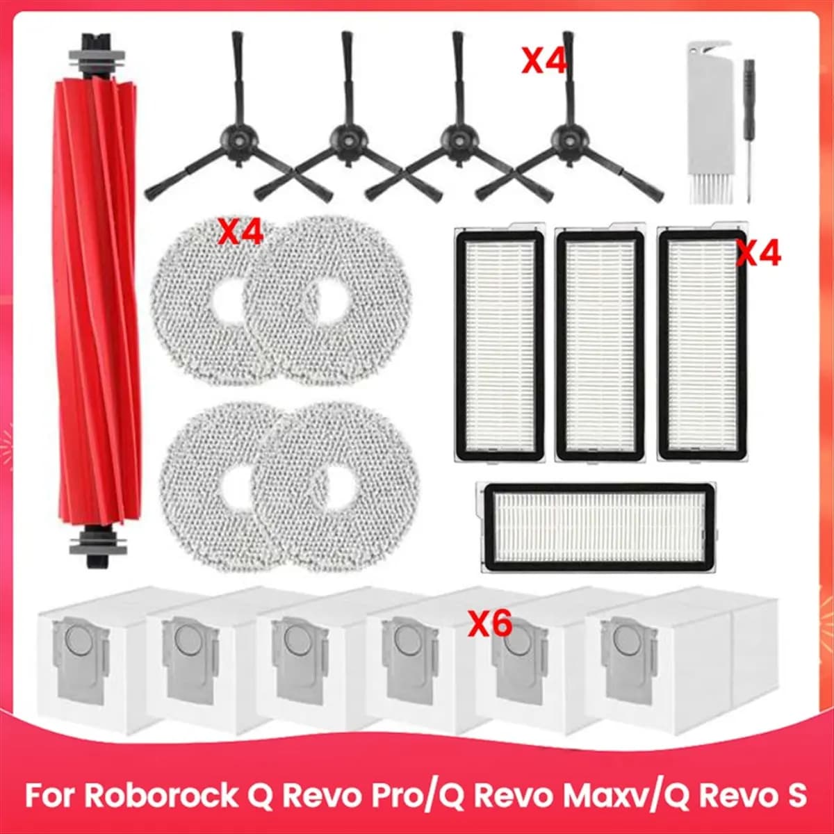 M08K Kit di accessori per Roborock Q Revo Pro / Q Revo Maxv / Q Revo S Parti per aspirapolvere Spazzola principale Filtri Mop Sacchetti per la polvere