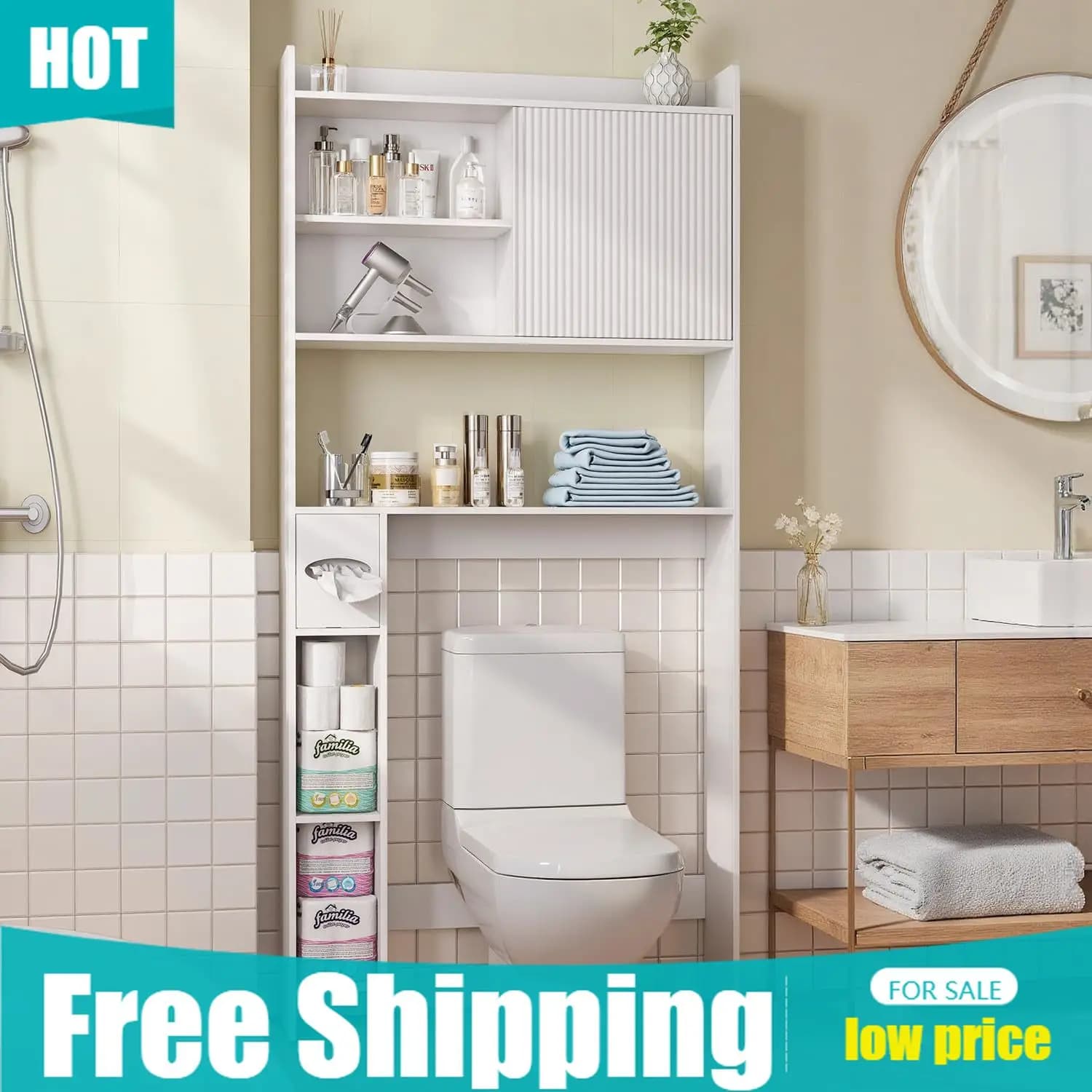 Organizzatore Bianco con Porta Scorrevole per Sopra il WC, Ripiani Regolabili, Porta Carta Igienica, Armadietto Salvaspazio per Bagno