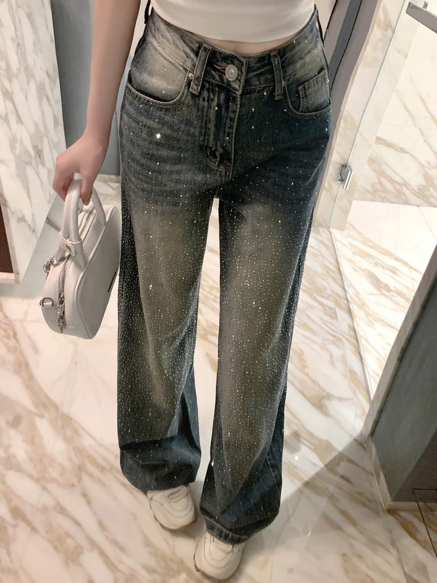 Luna 225 New Heavy Du Diamond Embelli Casual Jeans a gamba dritta Donna Faion Stagione invernale l Bottone in vita Clo...