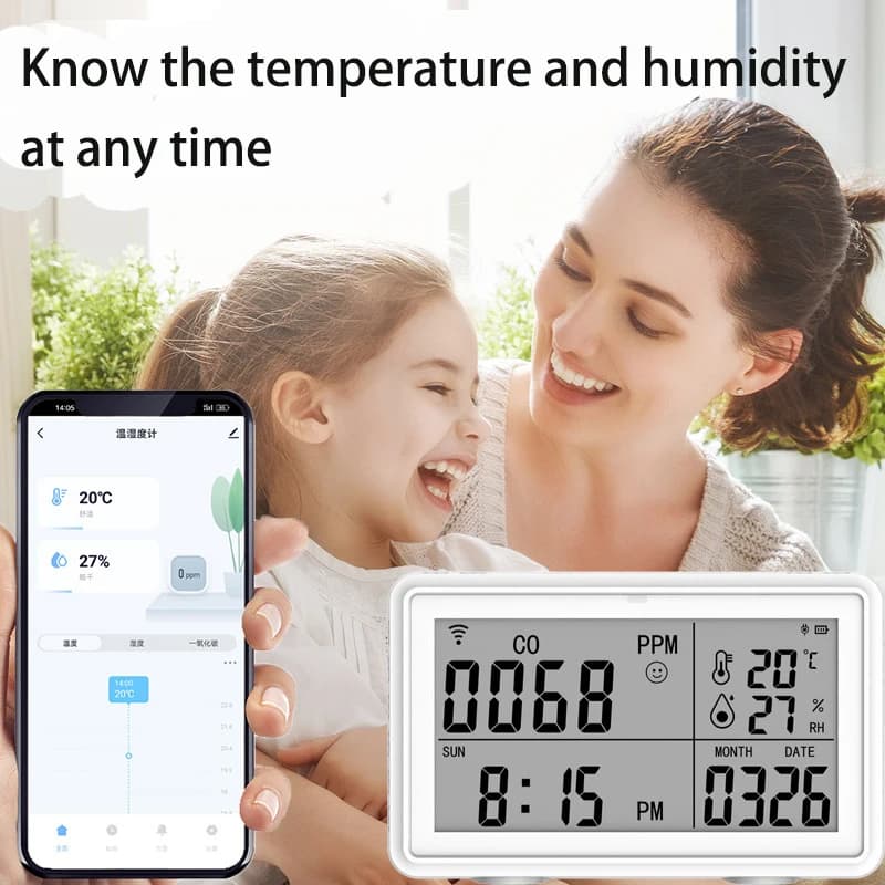 New Tuya Smart WiFi Temperature Humidity mo ni tor 3-in-1 Smart Alarm Carbon Monoxide Detector with Time Display for Home Office