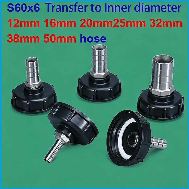 PP 304 Stainless Steel IBC Tank Adapter S60X6 Thread Hose Barb Fitting 12‑50mm for Water Storage Container Irrigation Accessorie