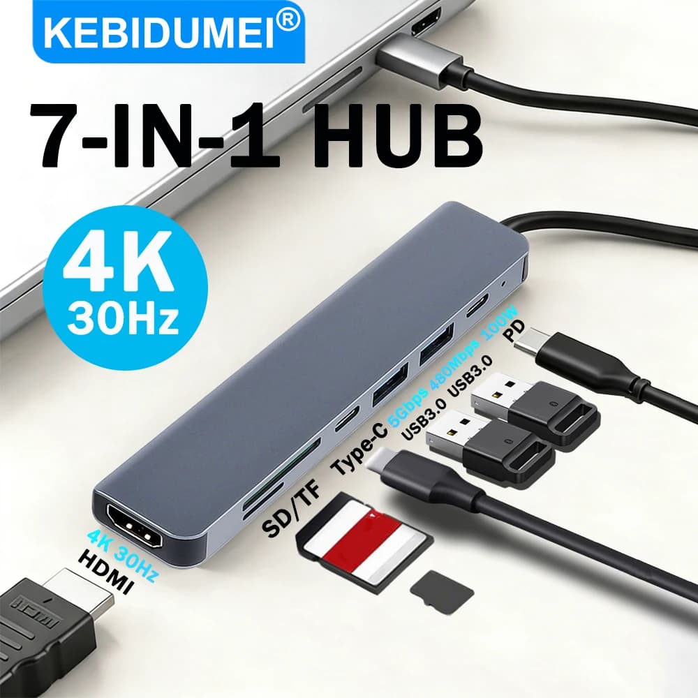 Hub USB 3.0 4K 30Hz da Type-C a HDMI, adattatore compatibile con HDMI, PD100W, docking station 7 in 1, lettore di schede TF e SD, splitter USB per MacBook e telefono