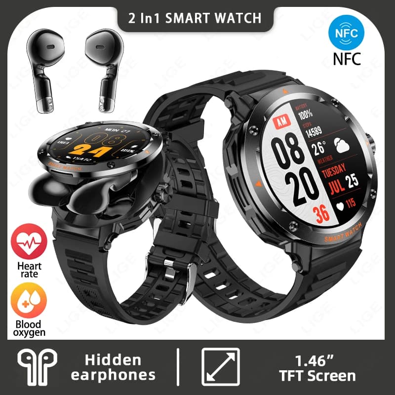 Nuovo Smartwatch con Auricolari Integrati per Uomo, TWS 2 in 1, Chiamate Wireless BT, Monitoraggio Frequenza Cardiaca, Fitness Tracker, Auricolari e Smartwatch