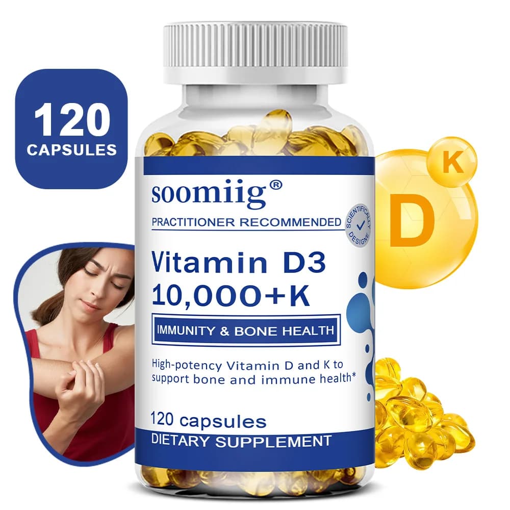 Capsule di vitamina D3 10000 IU + K2 Mk7 120 pezzi per la salute delle ossa, del cuore e supporto immunitario, non OGM, vegano, assorbimento migliorato