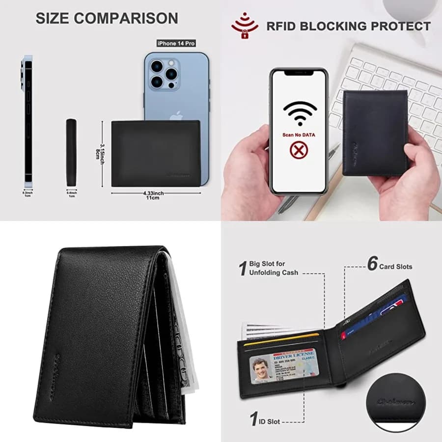Portafoglio sottile da uomo con finestra per documenti e blocco RFID, tasca frontale, porta carte minimalista bifold, regalo per uomo