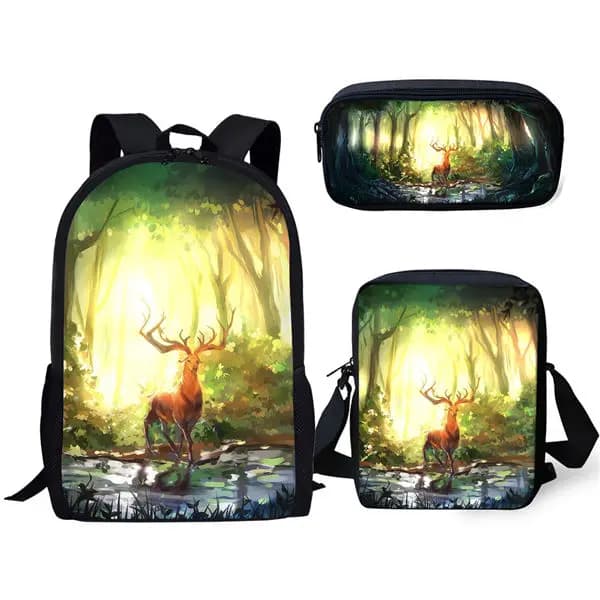 Set da 3 pezzi Zaino Fantasia Animale Cervo Modello Stampa Borsa da scuola per studenti con borsa per il pranzo Borsa per matite Zaini casual giornalieri per adolescenti