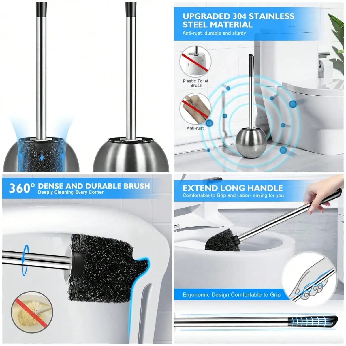 Toilet Brush And Holder 2 Pack, 304 StainlSteel Toilet Brush With Extended And Durable Comfortable Brush Handle, Toilet Bowl Bru