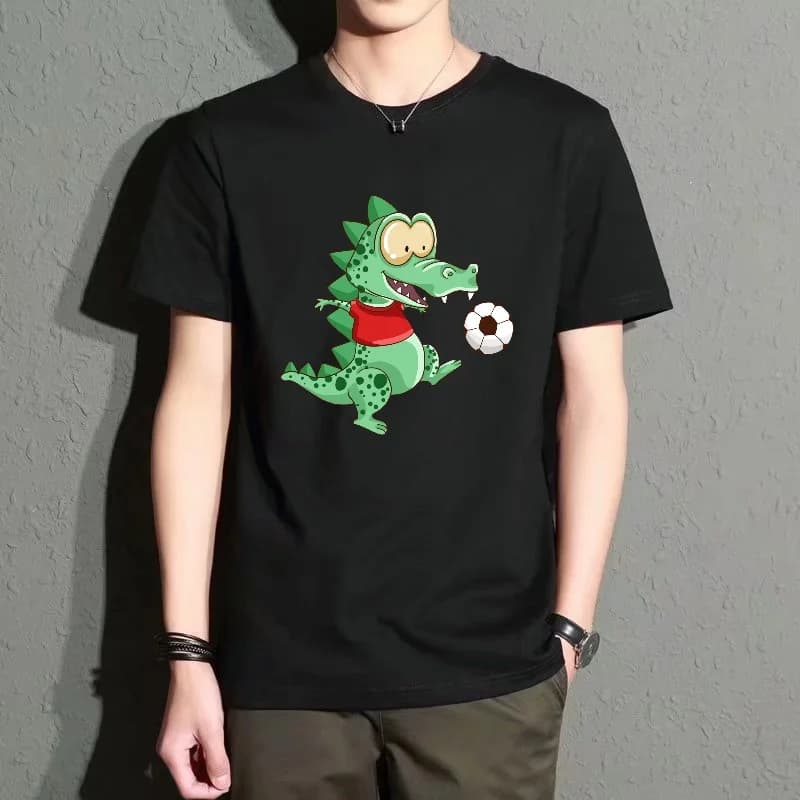 Men's Black Round-Neck Short-Sleeved T-Shirt with Cartoon Crocodile Football Print, Casual and Versatile for Everyday Wear, Comfortable and Breathable, Polyester Fabric