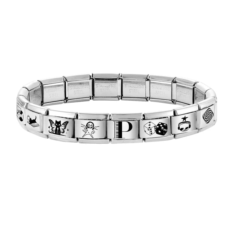 Bracciale con ciondoli neri in acciaio inossidabile da 9 mm con incisione laser fai da te, a forma di gatto, farfalla, stella, cuore - Gioielli all'ingrosso