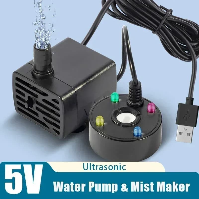 Pompa d'Acqua USB 5V 2IN1 con Atomizzatore a Ultrasuoni, Generatore di Nebbia per Fontane, Laghetti, Giardini, Acquari e Umidificatore per Paesaggistica