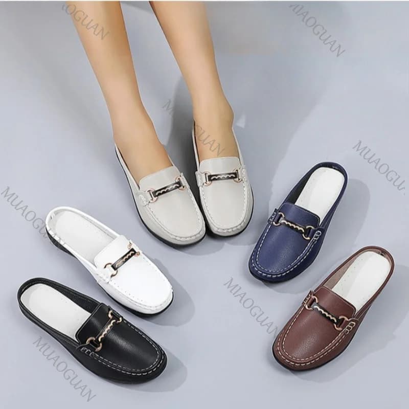 Women Baotou Half Slippers Leather Moccasins Thick Sole Designer Shoes for Female Slip-on Loafers Big Size Footwears Zapatos