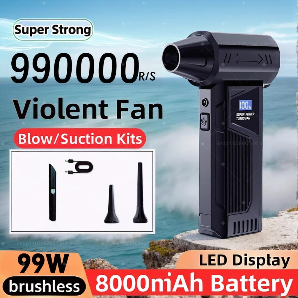 990000 RPM Wireless Jet Fan Brushless Motor Turbo Jet Fan Car Vacuum Lighting/Digital Display External Portable Fan