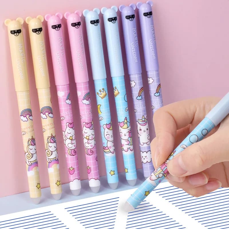 4 Pz/set Simpatico Cartone Animato Penna Gel Cancellabile 0.5mm Ago Pieno di Cristallo Inchiostro Blu Kawaii Unicorno Orso Panda Scrittura Studente di Scuola Penna