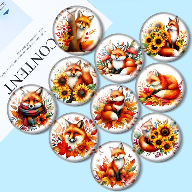 Fox-shaped glass cabochon with scarf and sunflower, 12/18/20/25mm, for bracelets, pendants, rings, earrings and components for jewelry creation