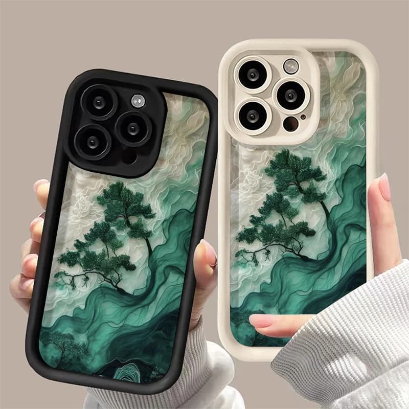 Custodia per telefono in stile cinese Cloud Mist Pino verde per iPhone 16 Pro Max 15 14 13 12 11 XS MAX X XR 7 8 Plus MINI 16E Cover colorata