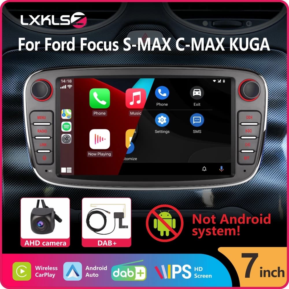 Autoradio con Wireless Carplay Android Auto per Ford Focus S-MAX C-MAX KUGA con 7 "IPS Touch Screen DAB + AHD telecamera per retromarcia