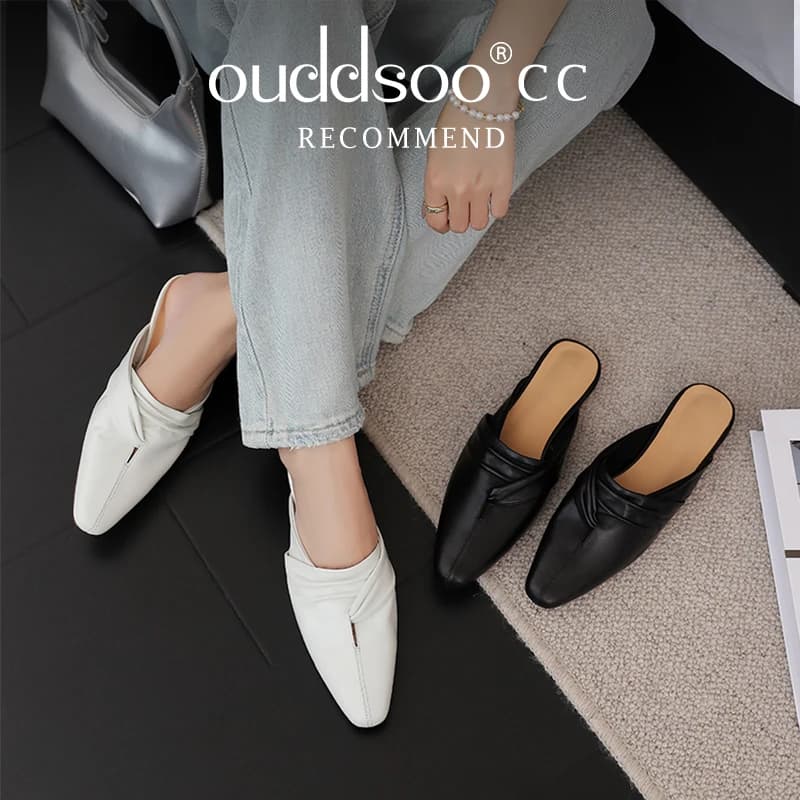 Ods Scarpe da donna primaverili in vera pelle con punta quadrata, ciabatte poco profonde, scarpe stringate, pantofole esterne casual, design chic, scivoli autunnali
