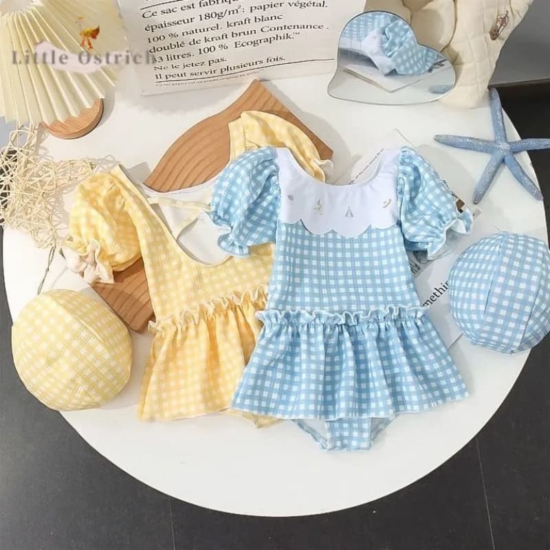 Short-sleeved swimsuit with baby smurf + cap 2 pieces newborn baby costume whole swim summer clothes for children 1-9 years