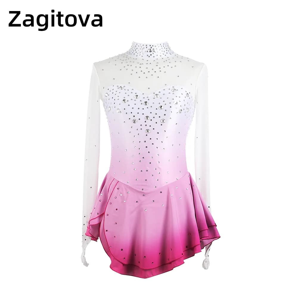 Zagitova Abito da pattinaggio di figura Donna Ragazza Gonna da pattinaggio su ghiaccio Concorso di prestazioni Gonna a rete in costume sfumato rosa