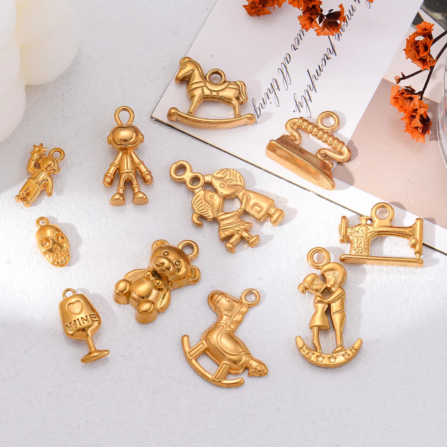 2Pcs Stainless Steel Bear Rocking Horse Couple Children Cup Charms Pendant DIY Jewelry Making Necklace Bracelet Accessories