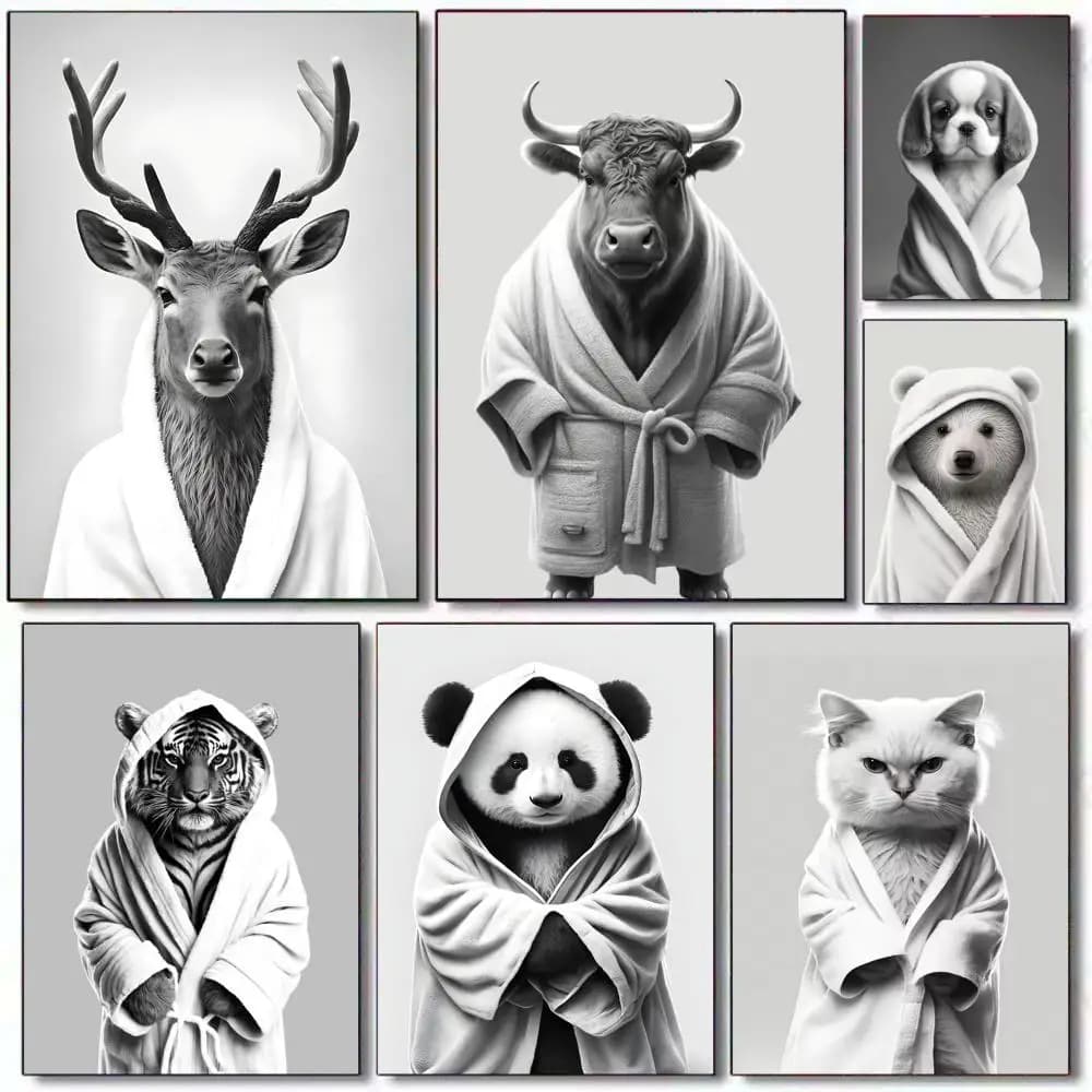 Quadro su Tela con Panda e Scimmia in Bathrobe, Stampa Artistica Moderna per Soggiorno e Galleria d'Arte