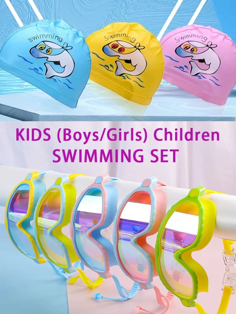 JSJM Children's Swimming Goggles Set for Boys and Girls 3-15 Years Swimwear Silicone Swimwear Earrings with Big HD Frame with PU Swimming Head