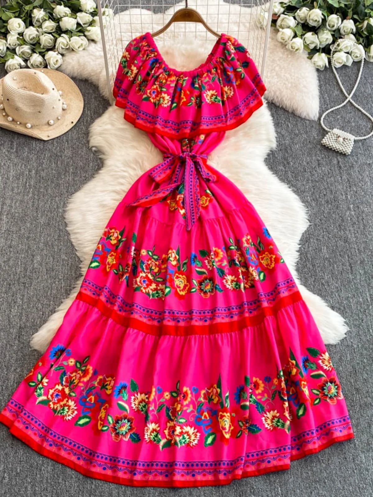 Abito lungo estivo da donna con stampa floreale, monospalla, cintura in vita, effetto snellente, stile coreano, vita alta, super grazioso