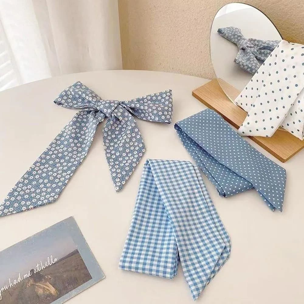 Korean Style Light Blue Series Polka Dot Hair Band Plaid Pattern Thin Plaid Neckerchief Flower Plaid Head Band Hair Accessories