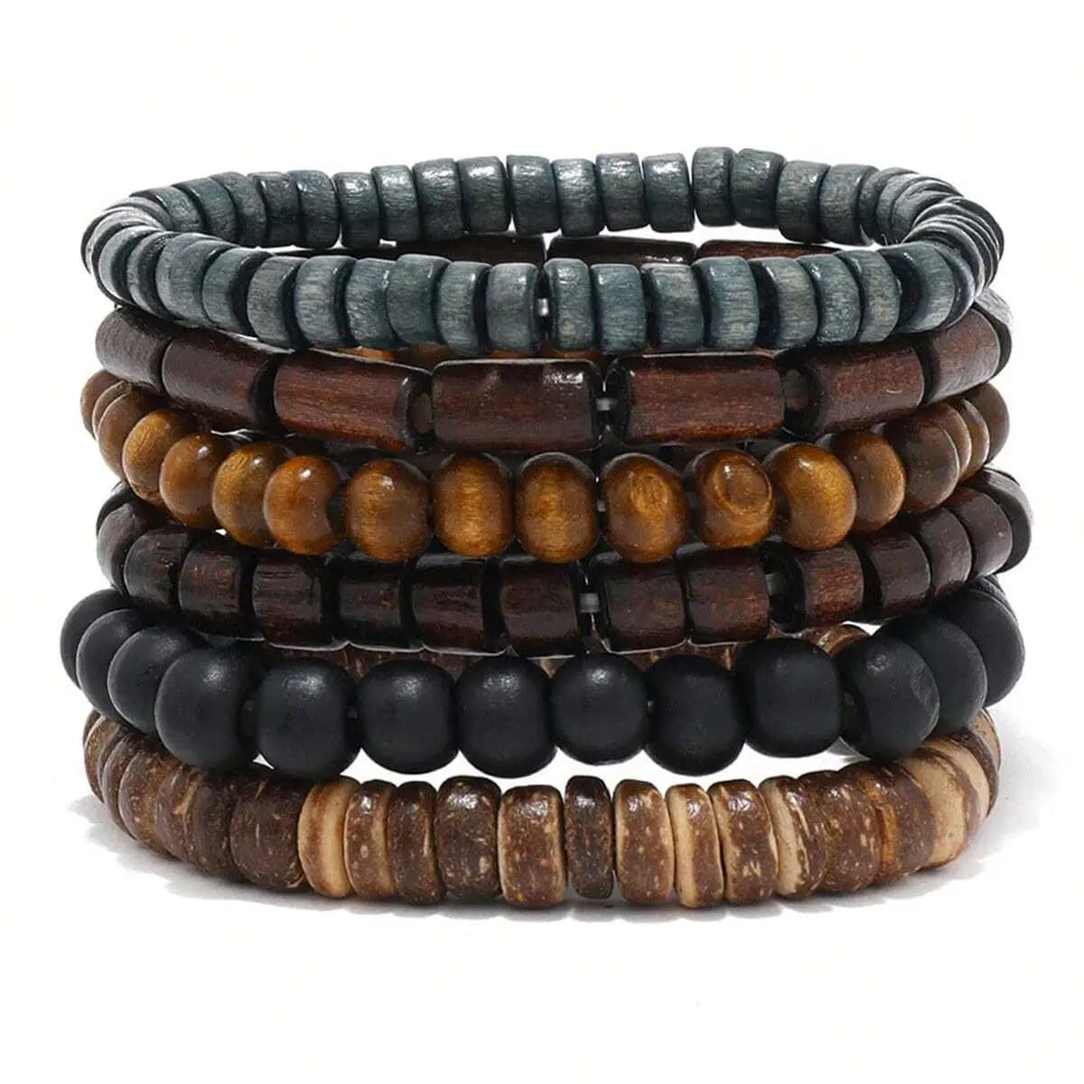 Wodeen 6 Piece Wraped Leather Bracelet for Men Fashionable Male Bracelet with Vintage Wood Beads