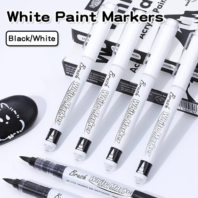 1-10 pezzi pennarelli per vernice acrilica in bianco e nero pennarelli acrilici con punta a pennello per legno, roccia, plastica, vetro, pietra, metallo, tela, ceramica,