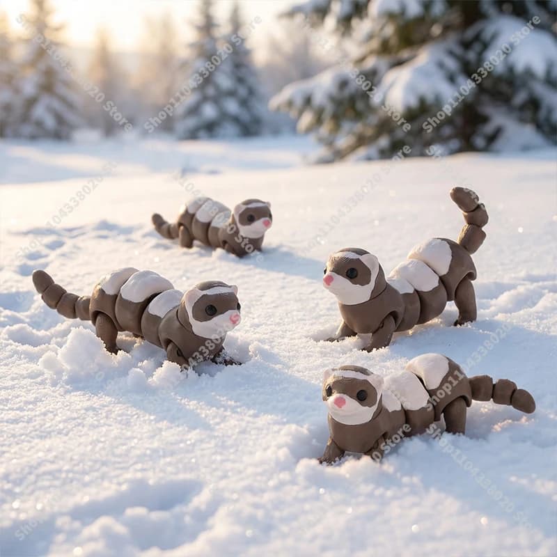 Figura di furetto articolato - Peluche snodato marrone e bianco da 8 cm, posizionabile da collezione per l'arredamento della scrivania