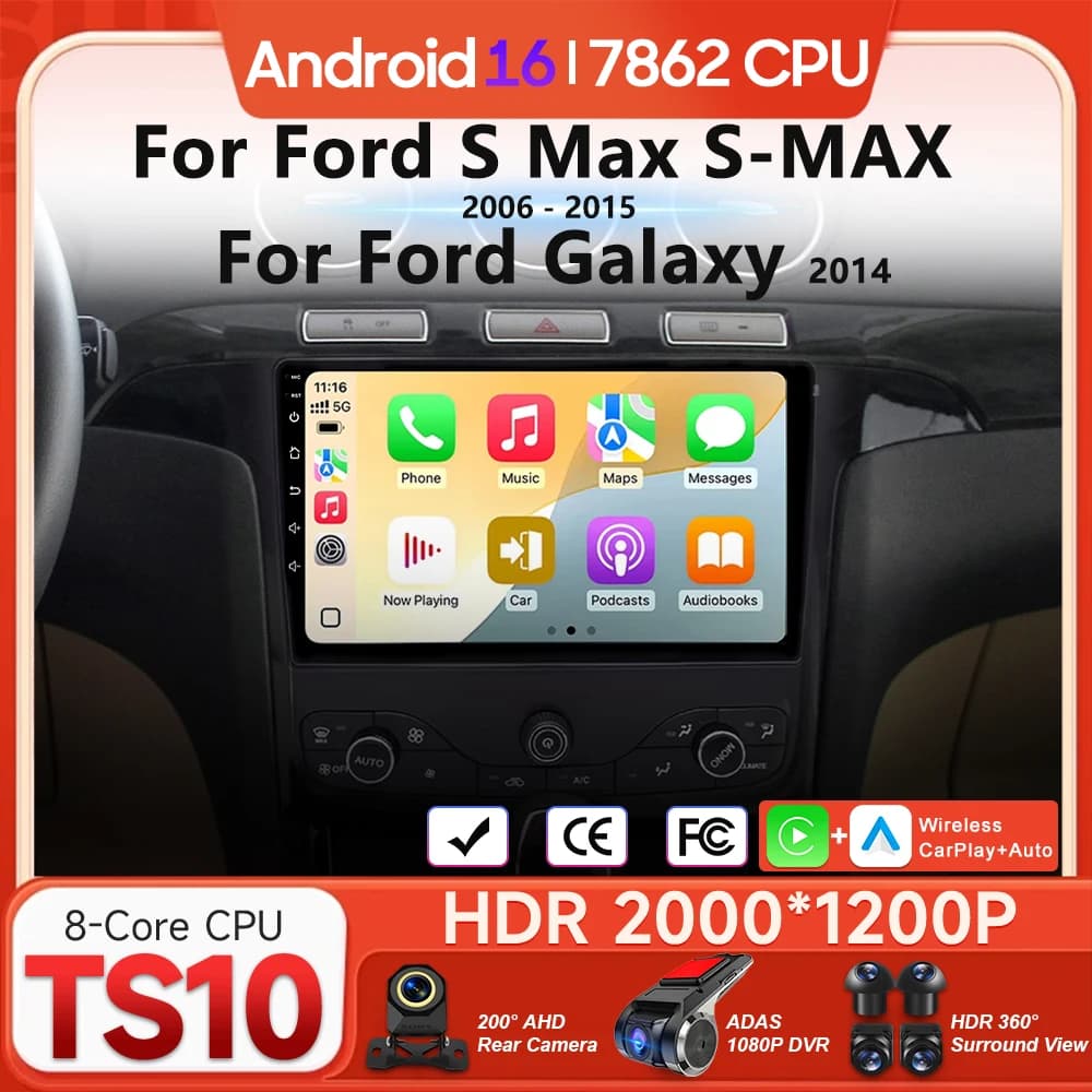 Android 16 per Ford S Max S-MAX 2006 - 2015 per Ford Galaxy 2014 Lettore Multimediale per Auto Carplay Radio Video Navigazione GPS 2din