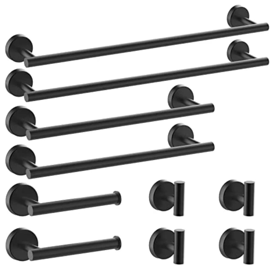 Set di accessori per il bagno nero opaco da 10 pezzi, include portasciugamani da 24 pollici, gancio per accappatoio, porta carta igienica, in acciaio inossidabile, per il bagno A