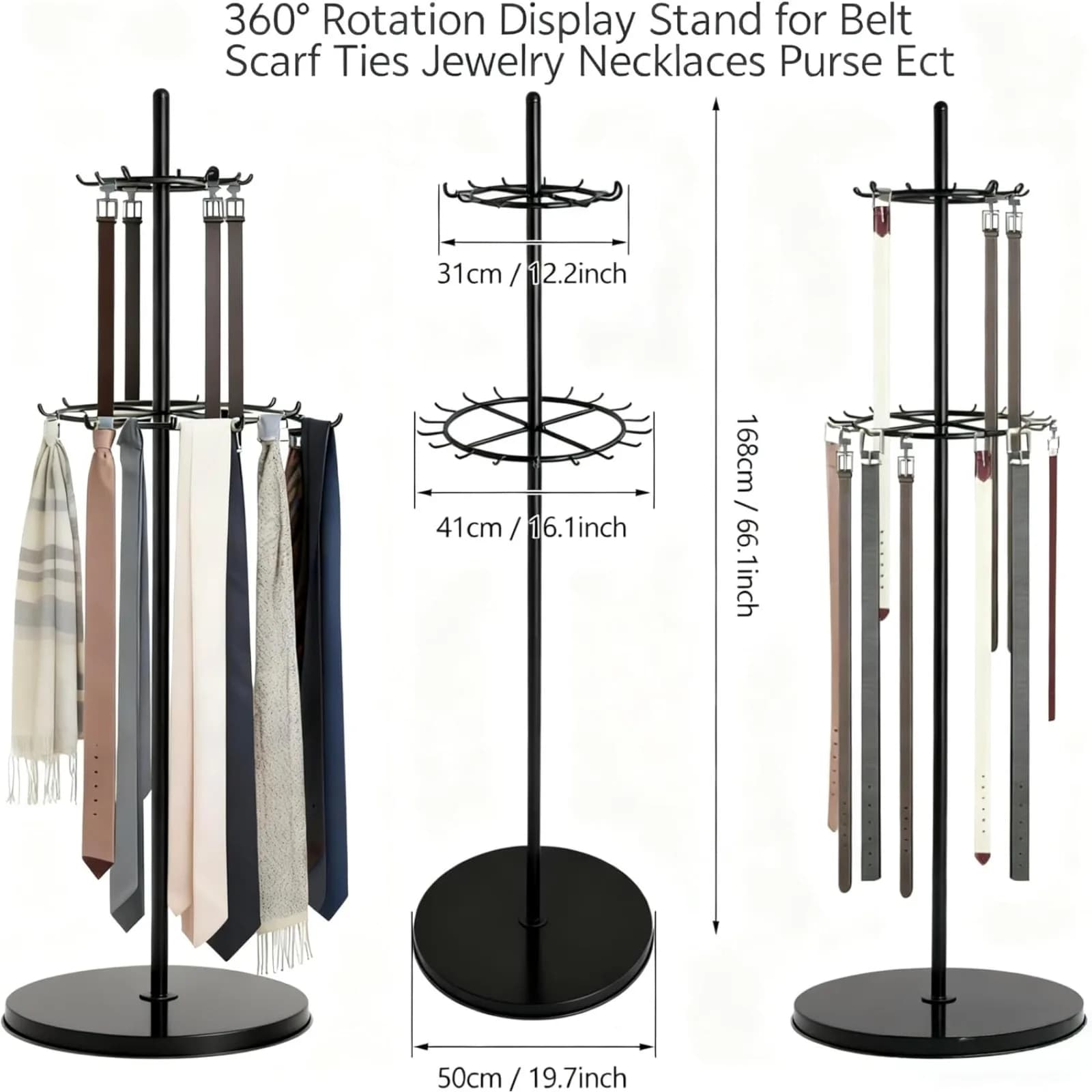 Black Belt scarves and tie display, 360 ° Organizer for Swivel Belts, Metal Earth Clothes Hanger for Male Cabinet