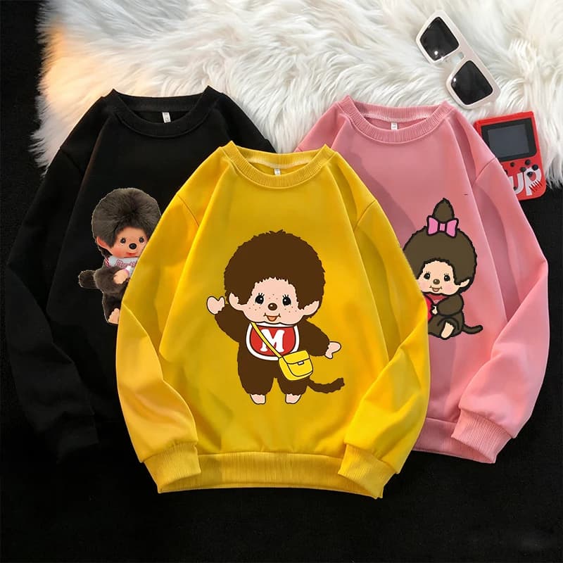Felpa Monchhichi per Bambini e Bambine, Girocollo a Maniche Lunghe, Pullover Kawaii, Top alla Moda, Felpa con Cappuccio Carina, Abbigliamento Primaverile, Regalo
