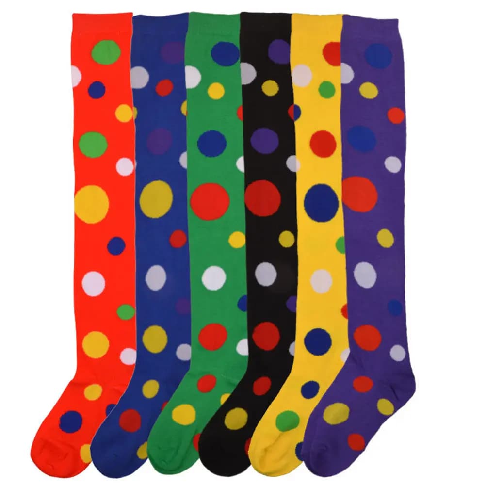 1 paio di calze adorabili con stampa a pois a tema clown, calze lunghe elastiche, comode e antiscivolo, per cosplay sul palco