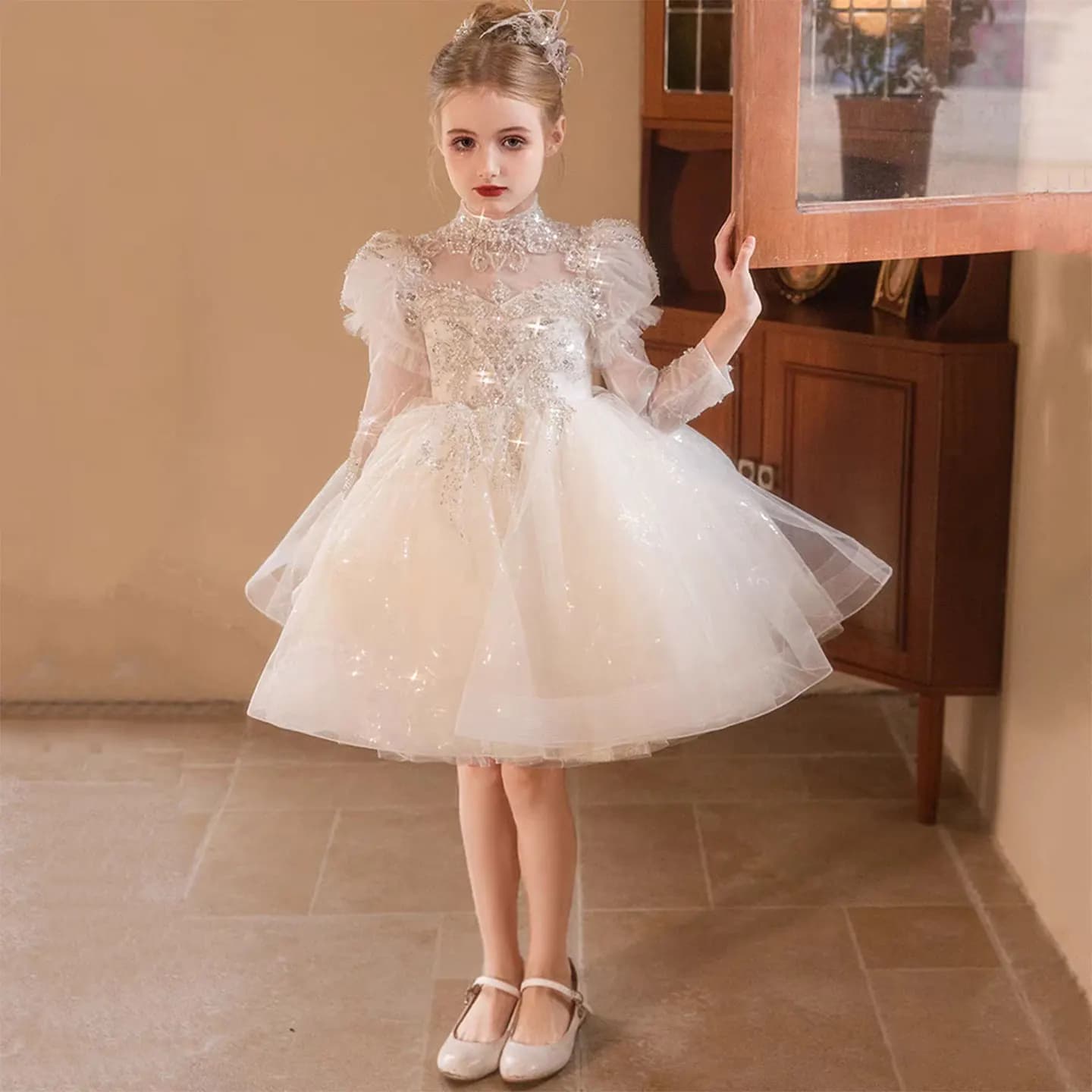 Dreamy Vow J437 Elegant White Baby Girl Dress Tulle Long Sleeves Wedding Birthday Party First Communion Knee Length Ball Gown