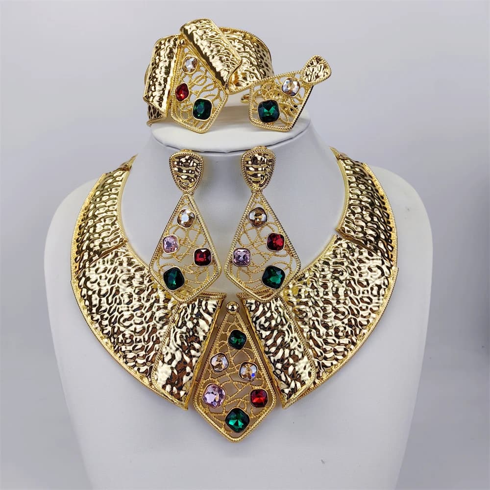 ESALE African Dubai 18k Gold Plated Choker Necklace Jewelry Set for Women Bridal Wedding Crystal Bracelet Earrings Jewellery