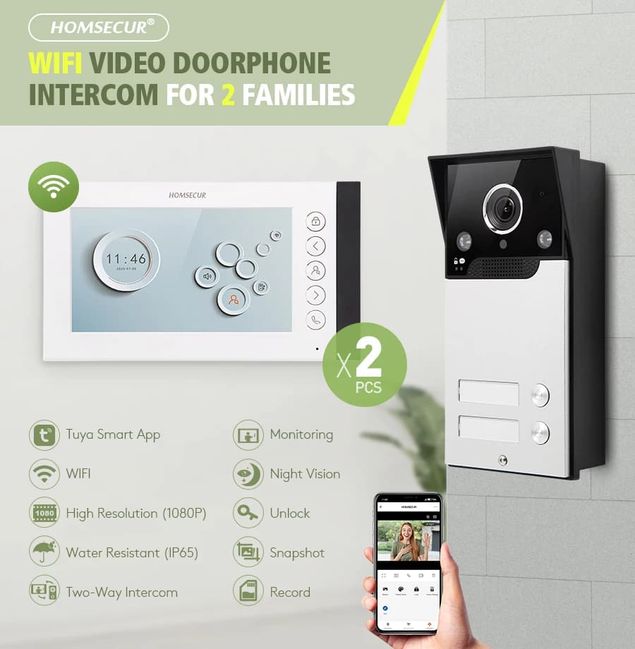 HOMSECUR Videocitofono WIFI a 4 fili con App Tuya da 7 pollici e funzione Snapshot per 2 famiglie