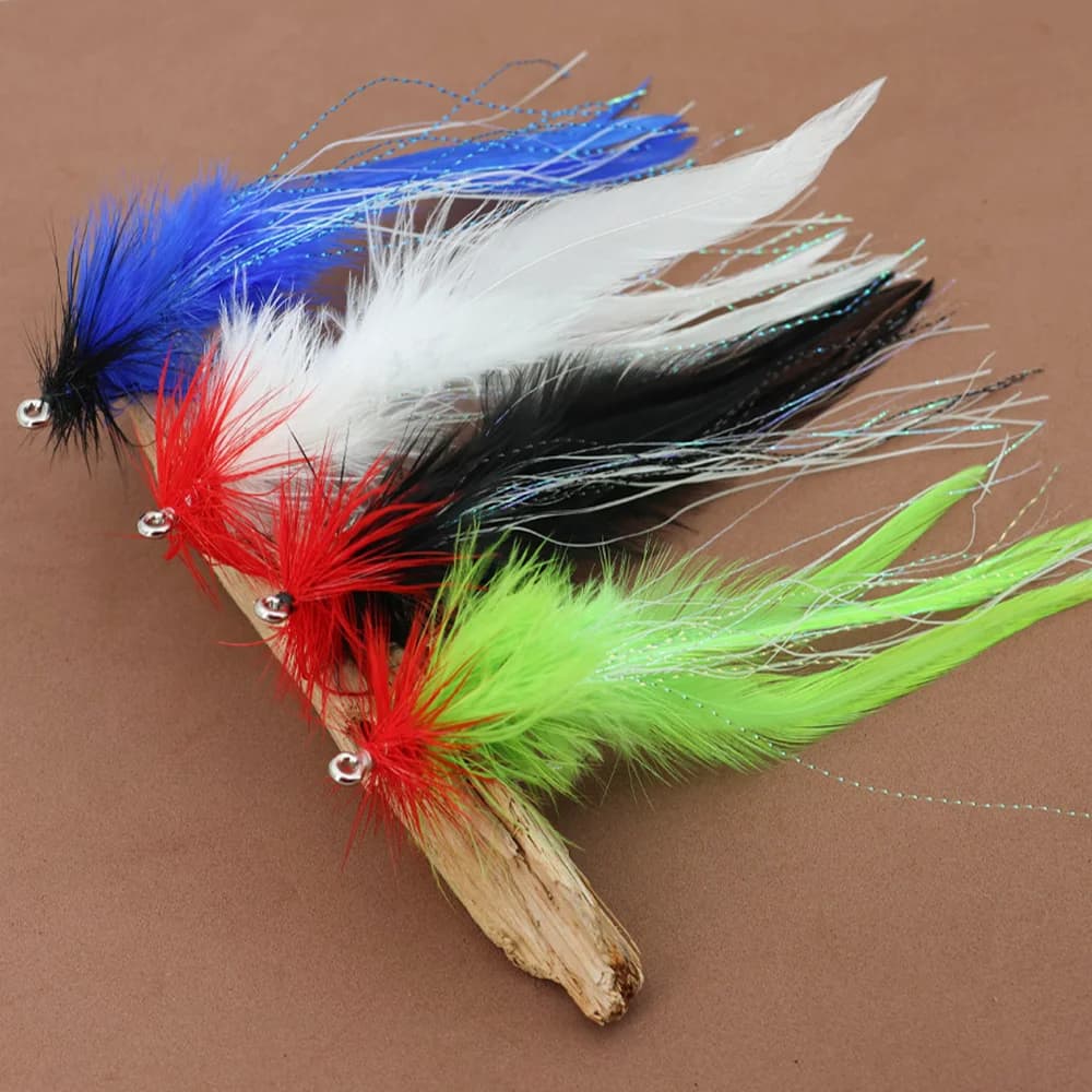 4 pezzi da 5,91 pollici # Amo da pesca 5/0 Rooster Hackle Big Streamer con barbella, esca artificiale per trota, persico, luccio, musky, tonno
