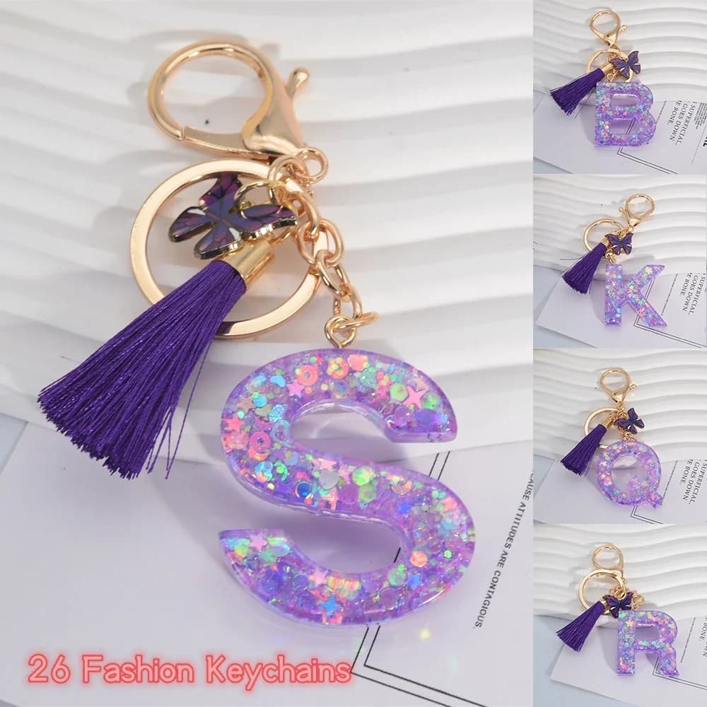 AZ Portachiavi con lettera con paillettes lucide Coppia in resina Iniziale Stelle viola Portachiavi con ciondolo riempito Borsa Accessori per chiavi per auto