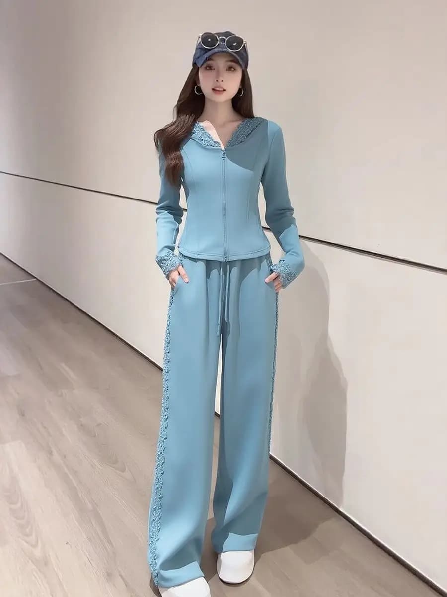 Casual Sportswear Set for Women Spring 2026 New Fashionable Lace Splicing Hoodie Two-Piece Set Polyester Fiber Workwear