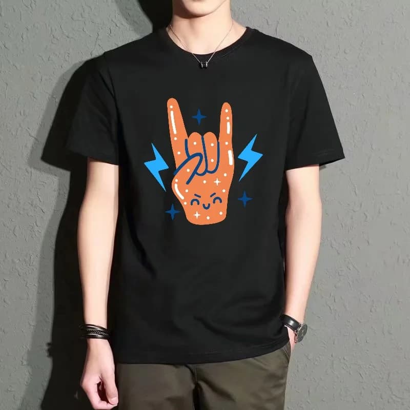 Men's Black Round Neck Short-Sleeved T-Shirt, Fun Gesture Print Loose Top, Street Fashion Style, Daily Casual, Versatile, Breathable, New Summer Style