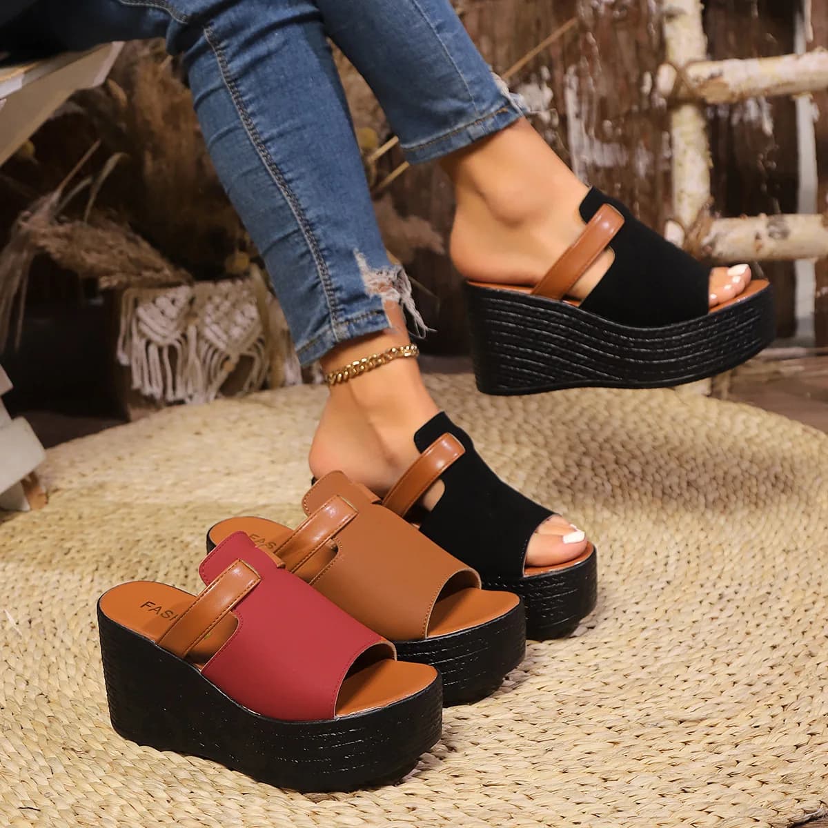 Sandali con Zeppa in Pelle PU Marrone da Donna, Sandali Estivi Leggeri con Plateau, Taglia Grande 43, Scarpe da Spiaggia Antiscivolo