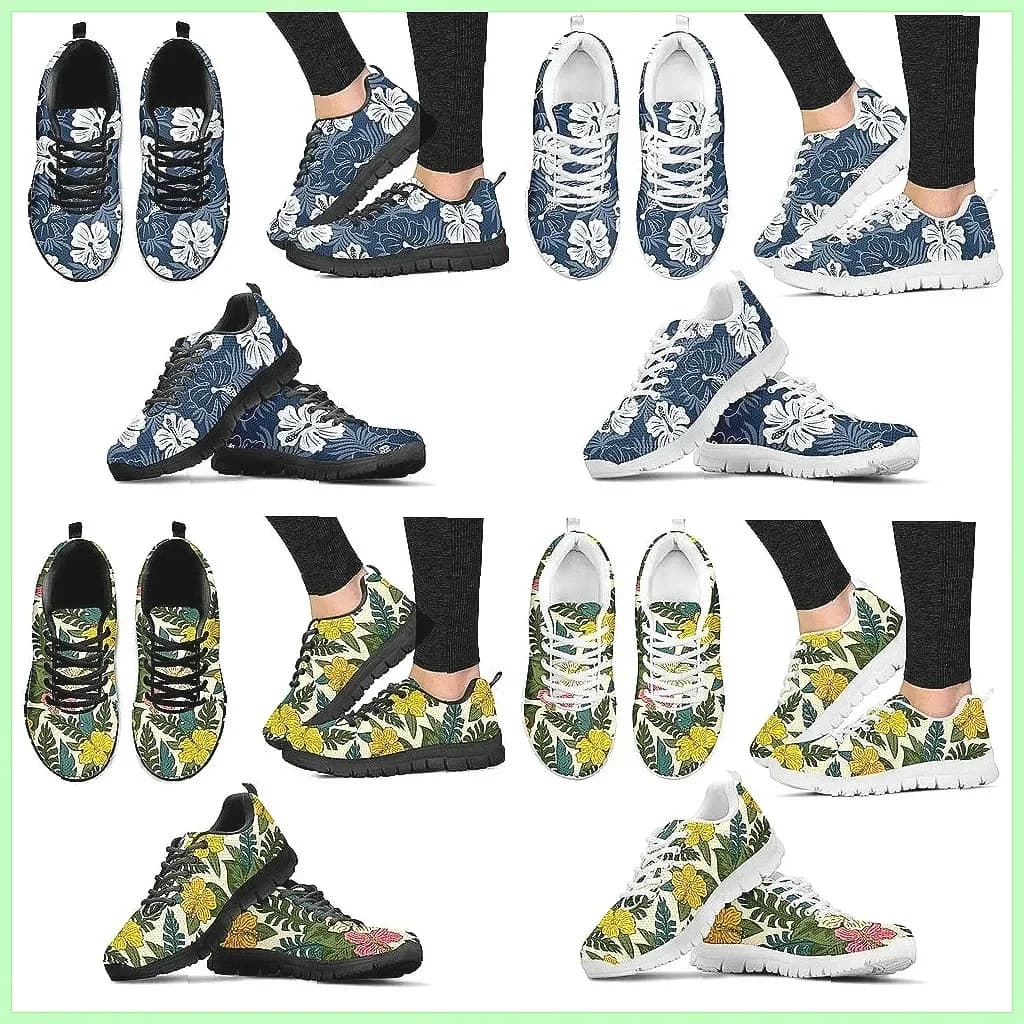 Sneakers Blu Hawaiane da Donna con Stampa di Ibisco e Foglie di Palma, Scarpe Casual alla Moda