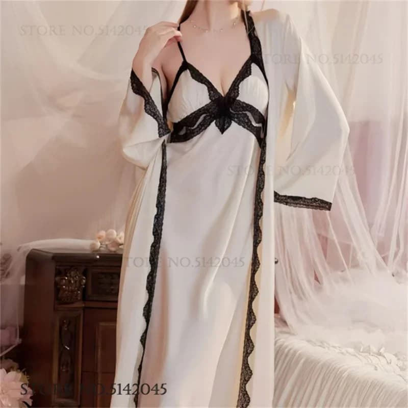 Elegante Set Camicia da Notte Lunga in Seta Ghiaccio Bianca con Pizzo Sexy, Camicia da Notte con Bretelle, Lingerie, Vestaglia Casual Larga, Abito da Casa