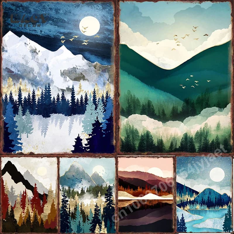 Moonlight and Mountains Metal Tin Signs Hanging Picture estetica piastra in ferro per la casa divano sfondo parete targa decorativa