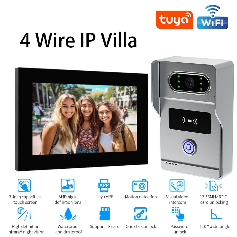 AHD8 4-WireTuya Wifi 1080P Videocitofono Videocitofono 7 ''Touch Monitor Videocitofono Videocitofono Sistema di sicurezza IP Villa