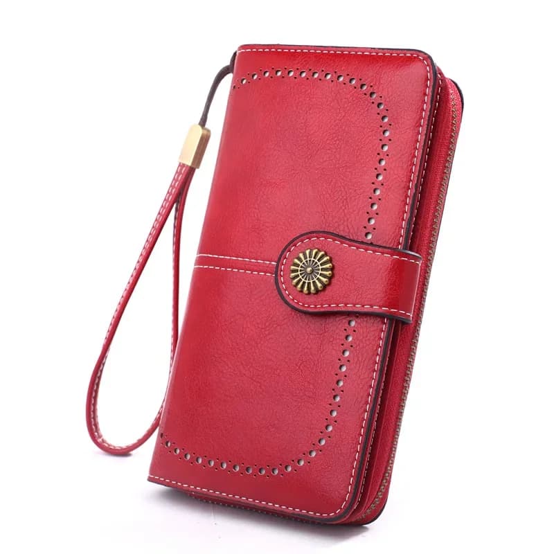 Portafoglio da donna alla moda a tre ante in pelle, lungo, con design traforato per monete, borsa a mano con cerniera per cellulare (stile olio)